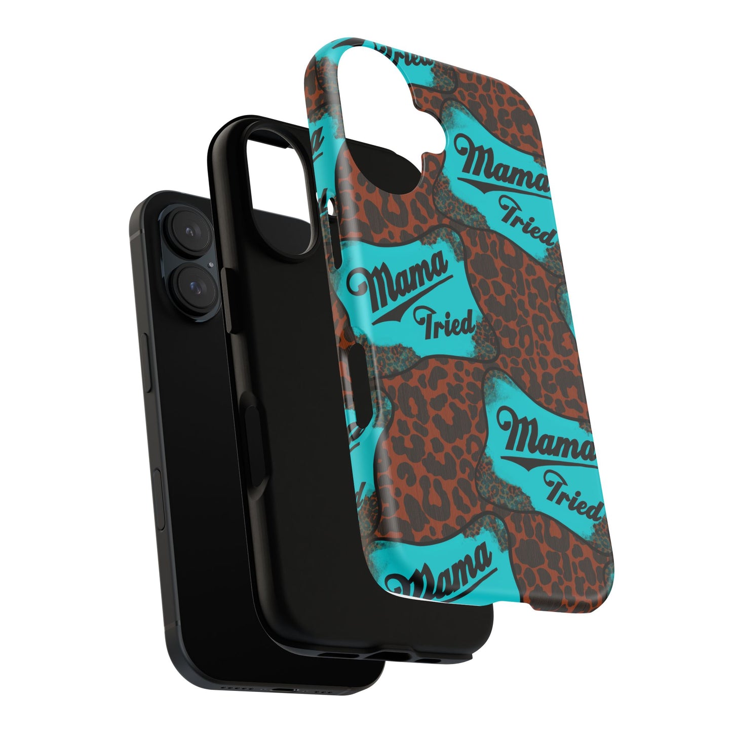 Mama Tried Leopard Print Phone Case — Turquoise Retro Patch Design