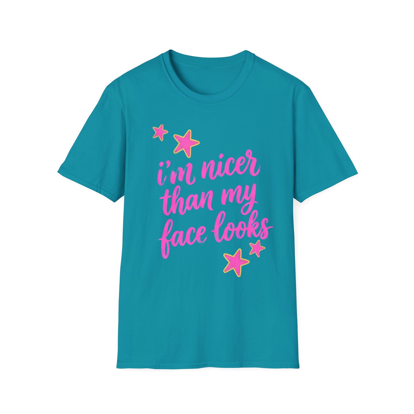 “I’m Nicer Than My Face Looks” Pink Script Graphic Tee