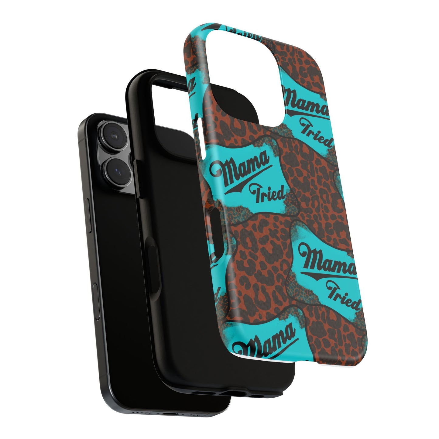 Mama Tried Leopard Print Phone Case — Turquoise Retro Patch Design