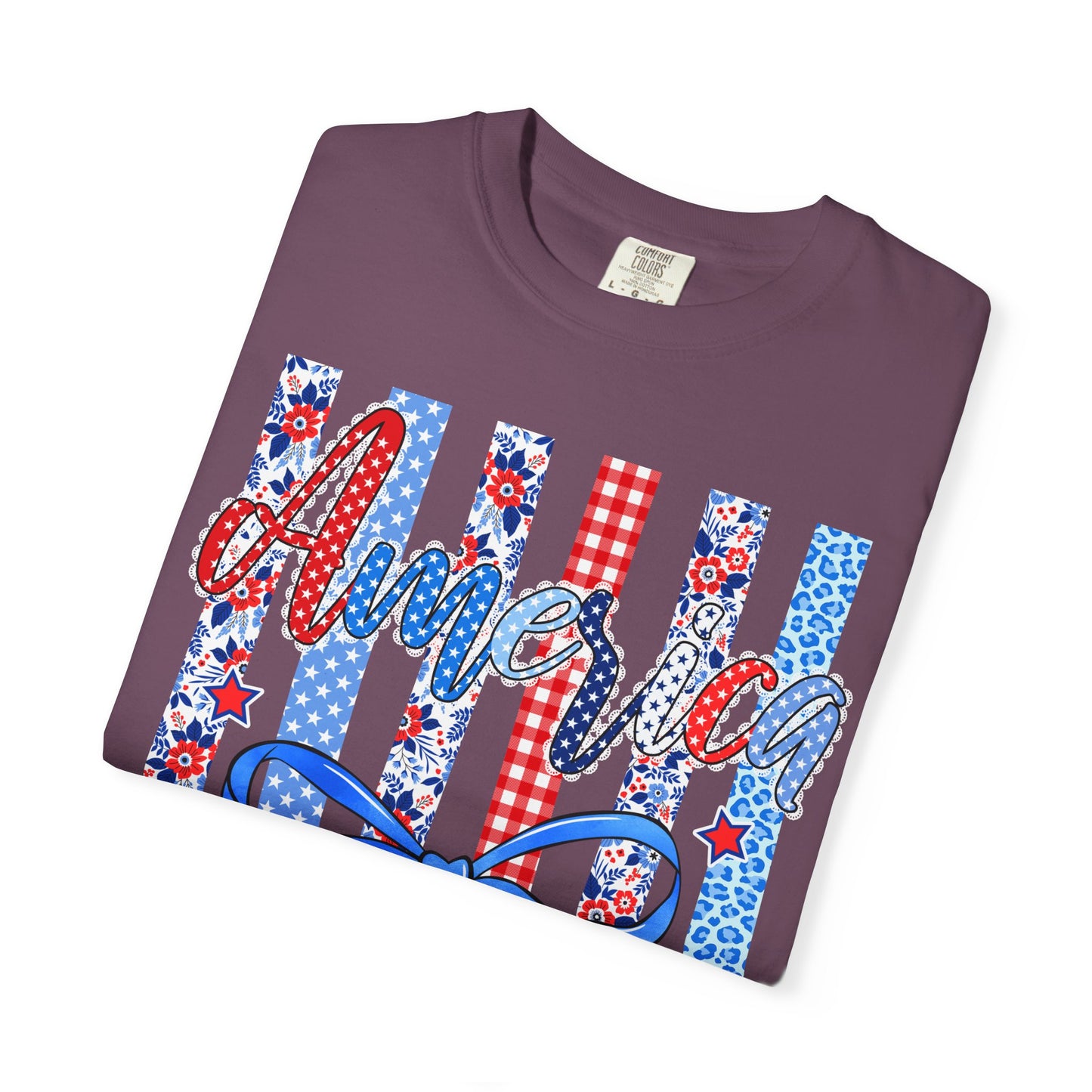 America Patriotic T-Shirt — Red White Blue Stripes & Bow Graphic