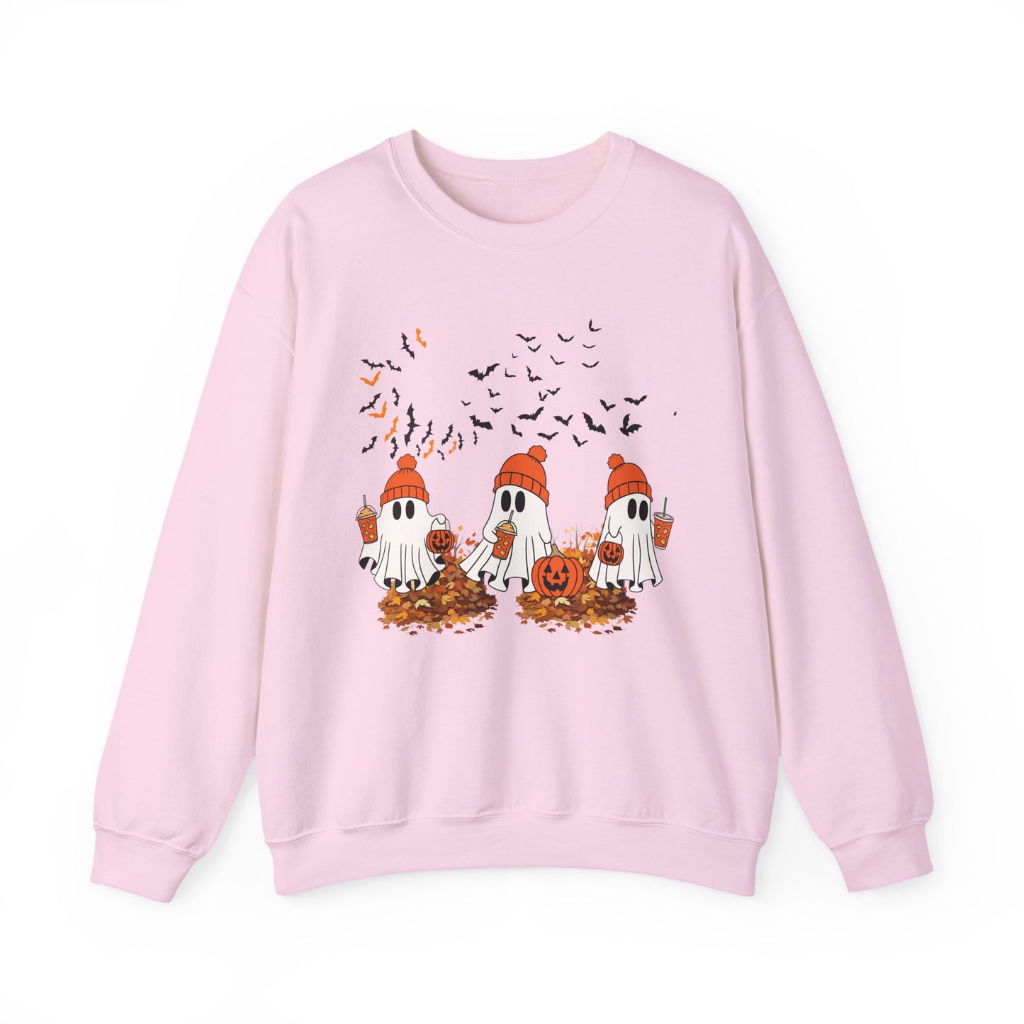 Cozy Ghosts Fall Sweatshirt — Cute Halloween Ghosts with Pumpkins & Leaves