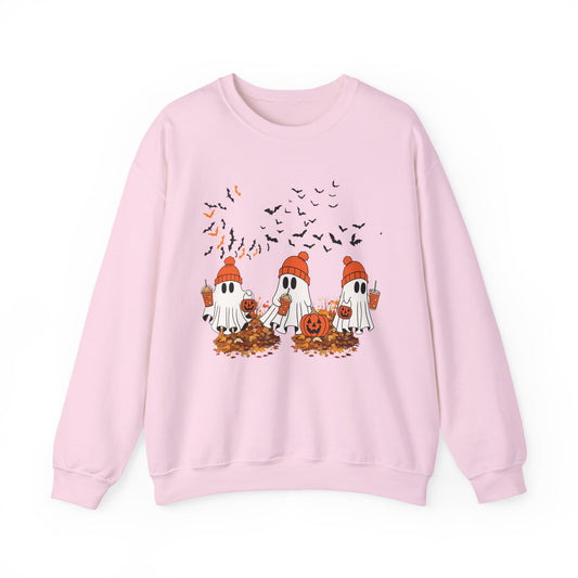 Cozy Ghosts Fall Sweatshirt — Cute Halloween Ghosts with Pumpkins & Leaves