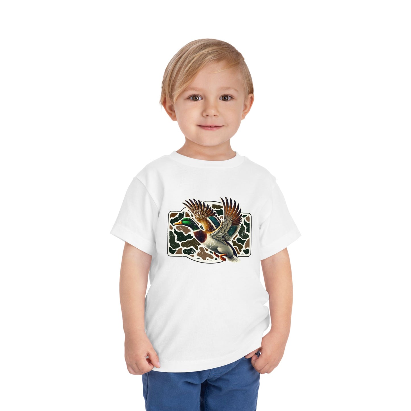 Toddler Tee — Flying Mallard Duck Graphic (Kids Hunting/Camo Outfit)