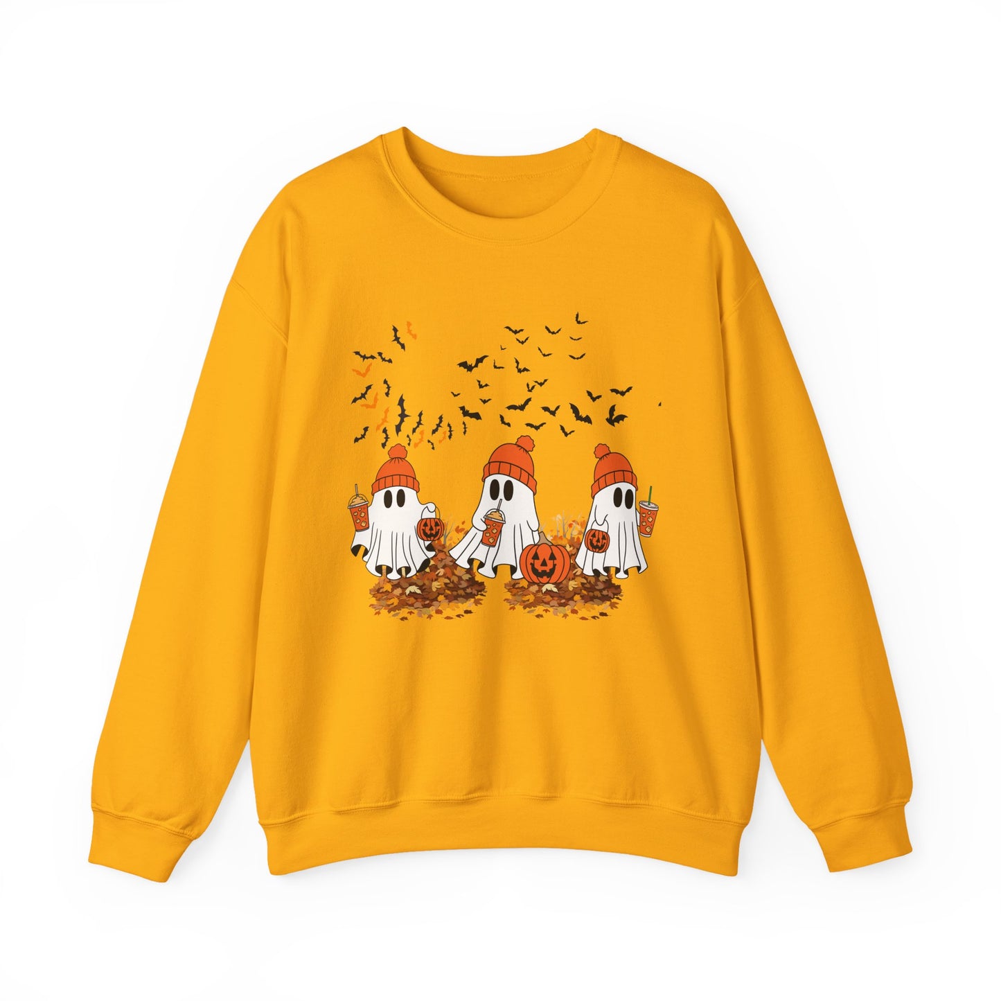 Cozy Ghosts Fall Sweatshirt — Cute Halloween Ghosts with Pumpkins & Leaves