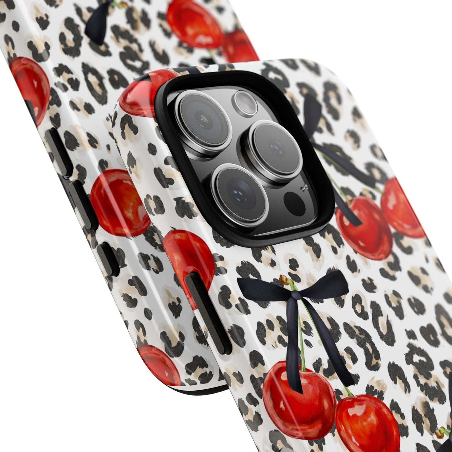Cherry Leopard Phone Case — Retro Red Cherries on Animal Print Protective Case