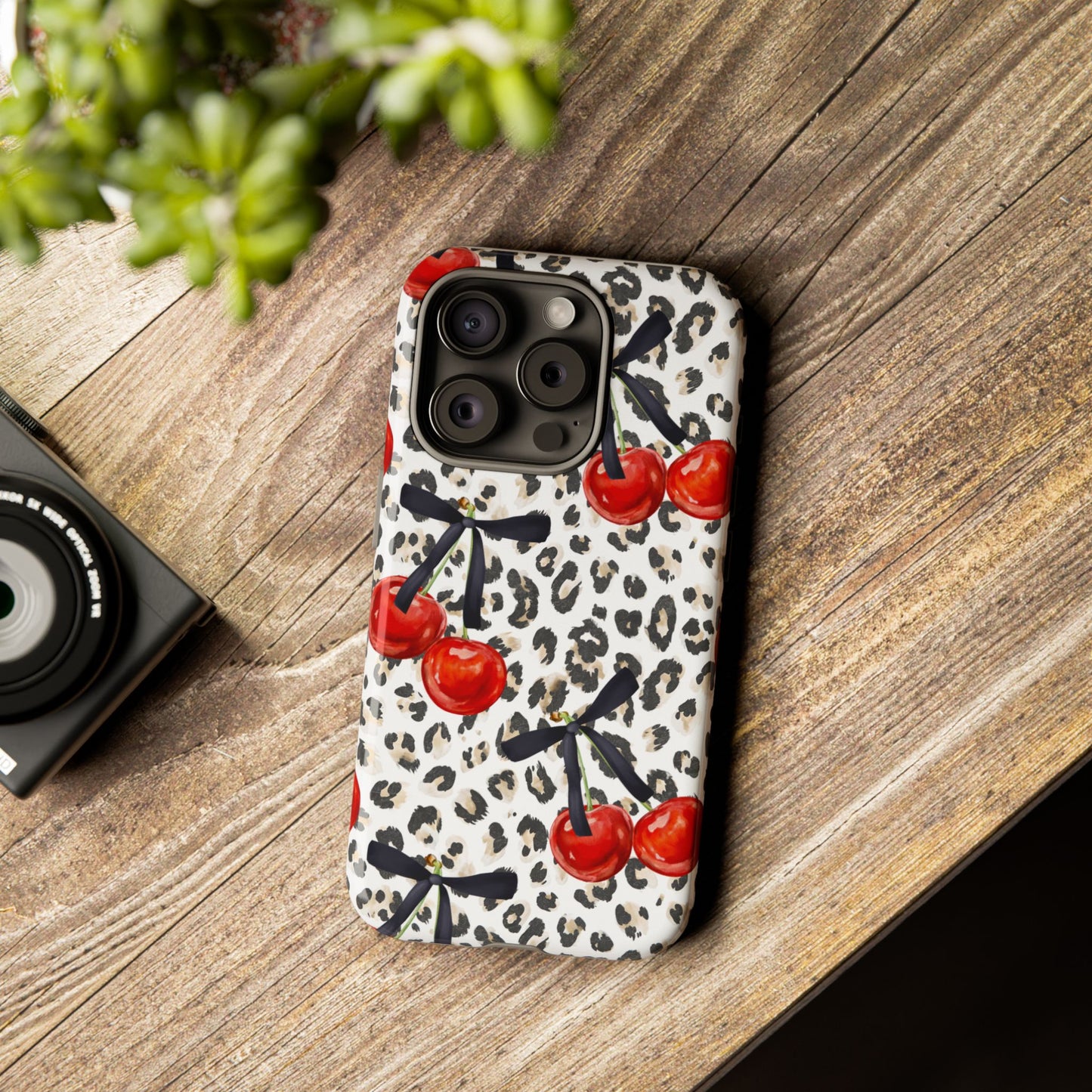 Cherry Leopard Phone Case — Retro Red Cherries on Animal Print Protective Case