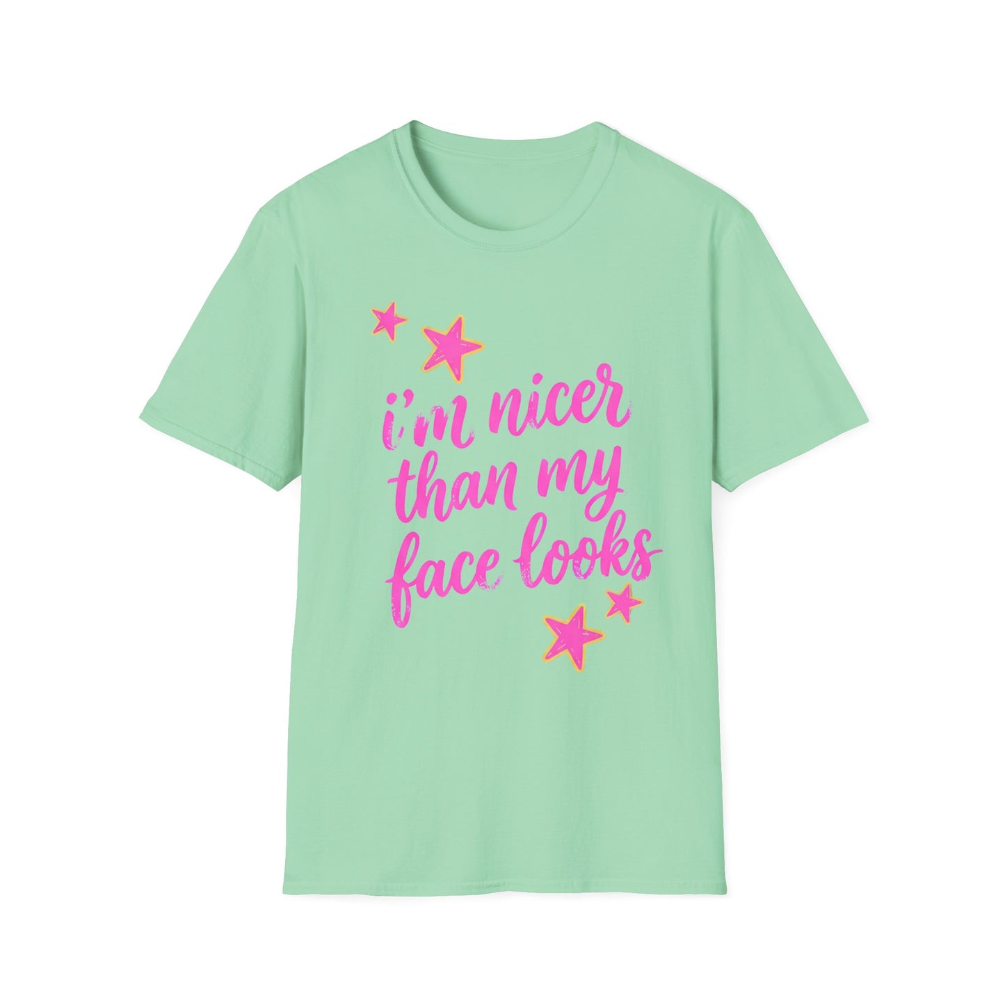 “I’m Nicer Than My Face Looks” Pink Script Graphic Tee