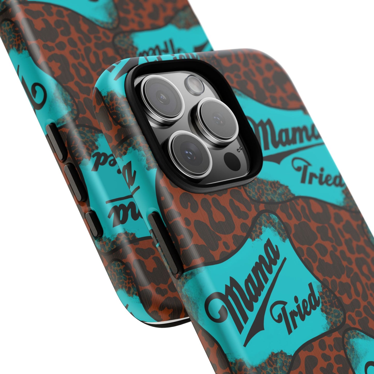 Mama Tried Leopard Print Phone Case — Turquoise Retro Patch Design