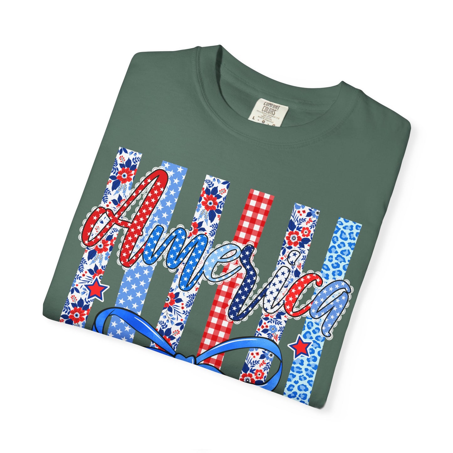 America Patriotic T-Shirt — Red White Blue Stripes & Bow Graphic