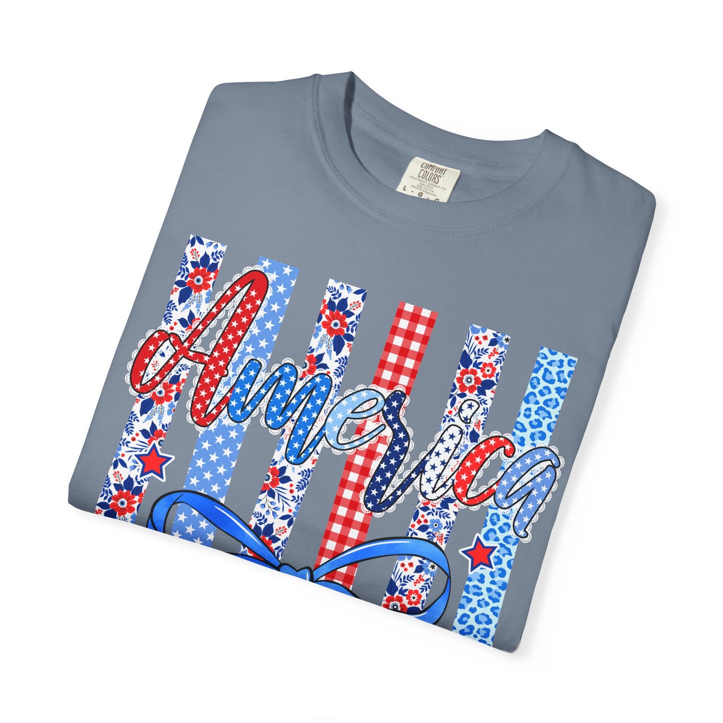 America Patriotic T-Shirt — Red White Blue Stripes & Bow Graphic