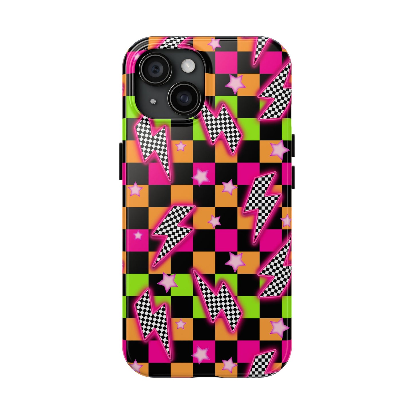 Neon Checkerboard Lightning Retro Pattern
