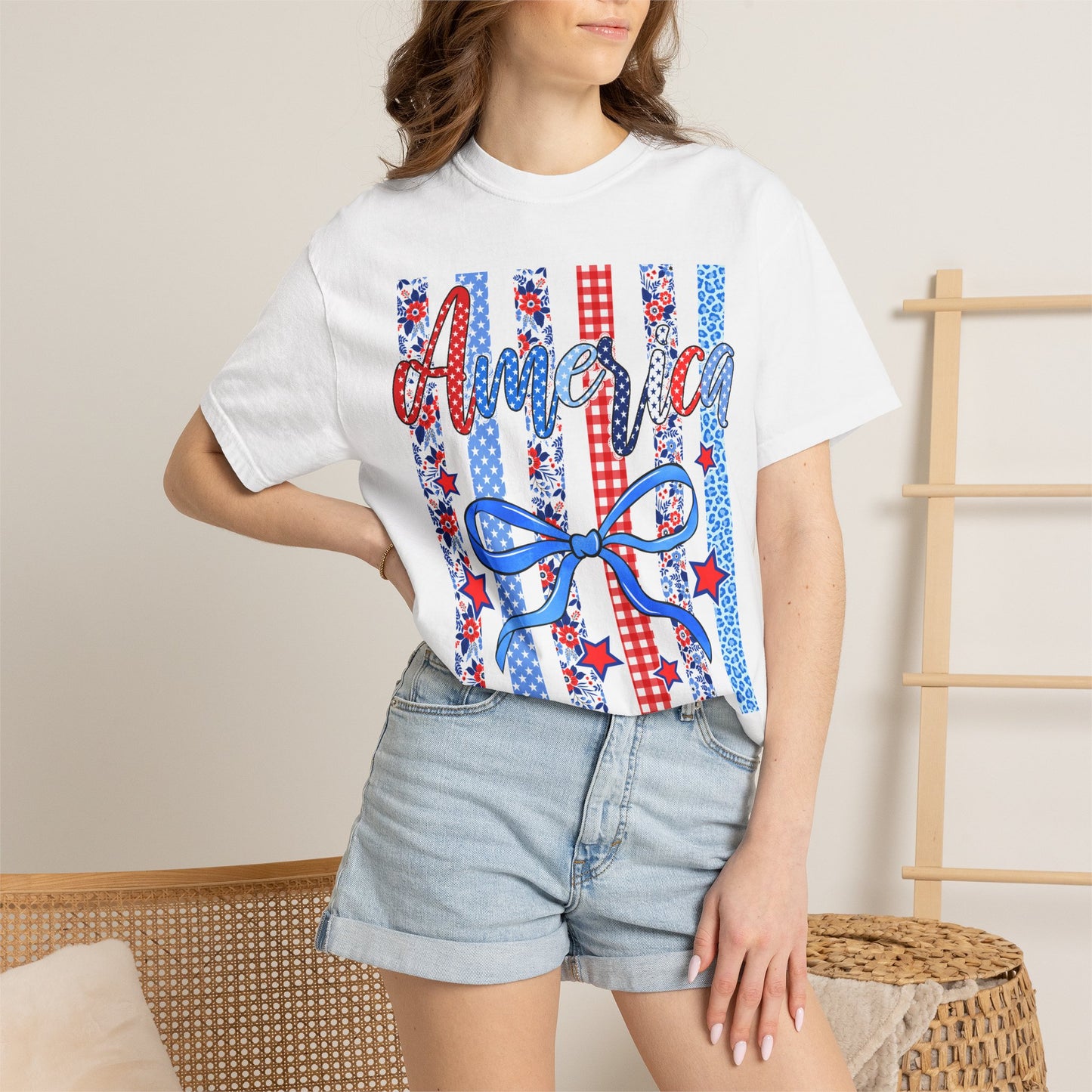 America Patriotic T-Shirt — Red White Blue Stripes & Bow Graphic