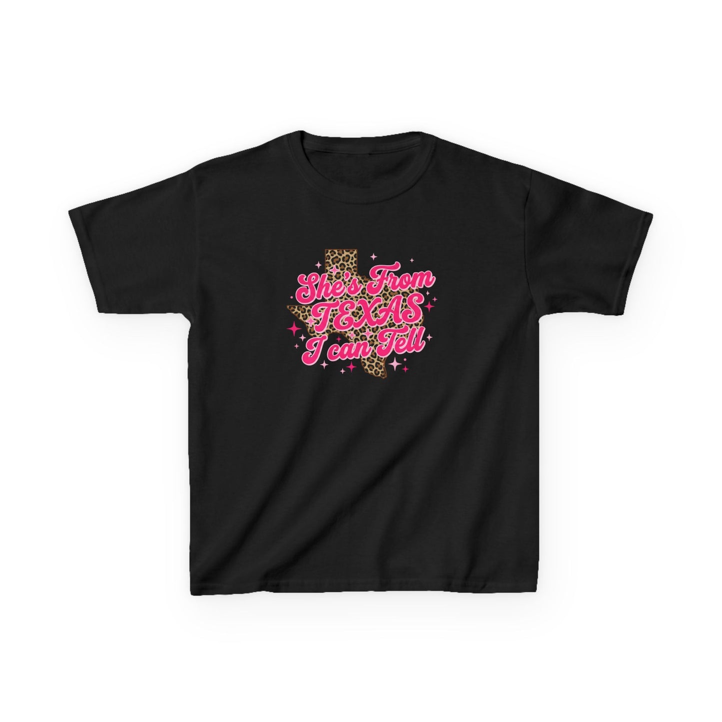 Kids Tee — "She's From Texas I Can Tell" Leopard