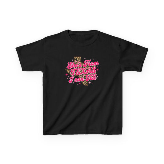 Kids Tee — "She's From Texas I Can Tell" Leopard