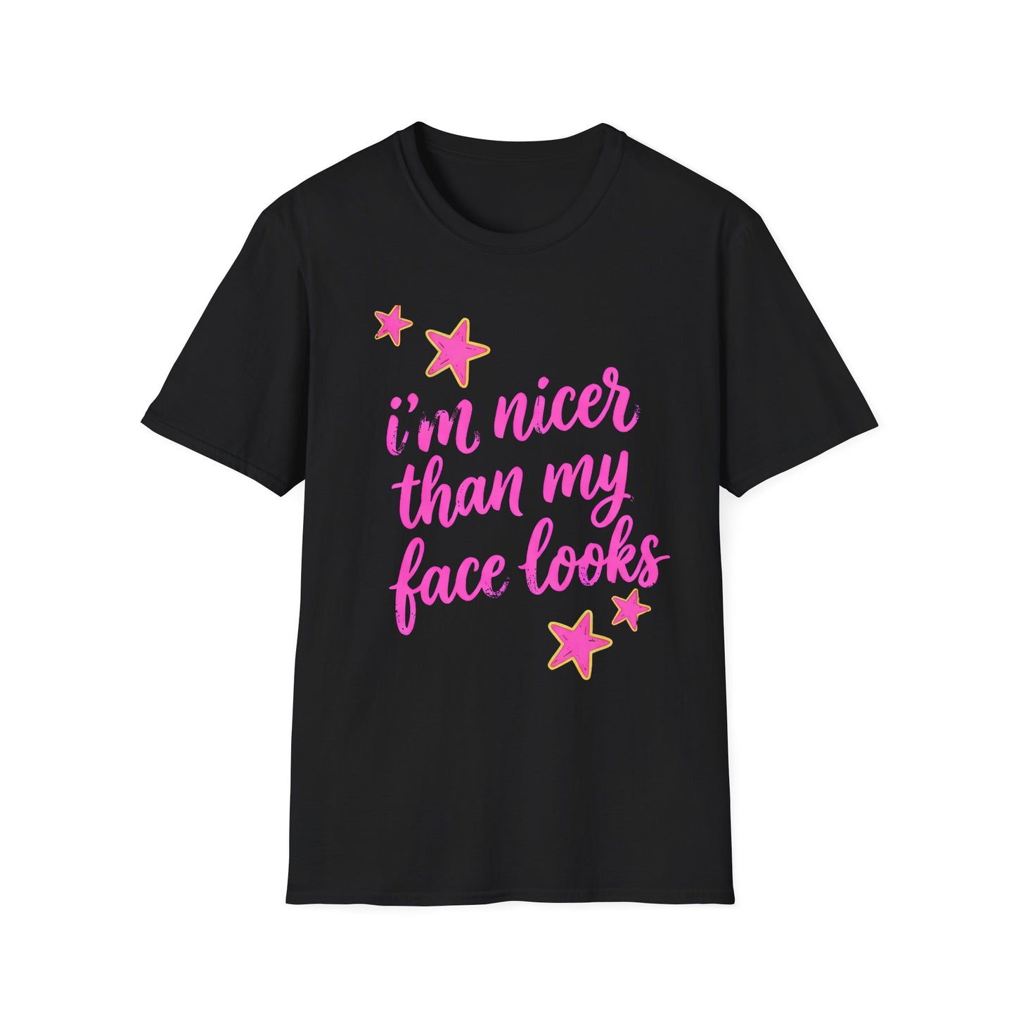 “I’m Nicer Than My Face Looks” Pink Script Graphic Tee