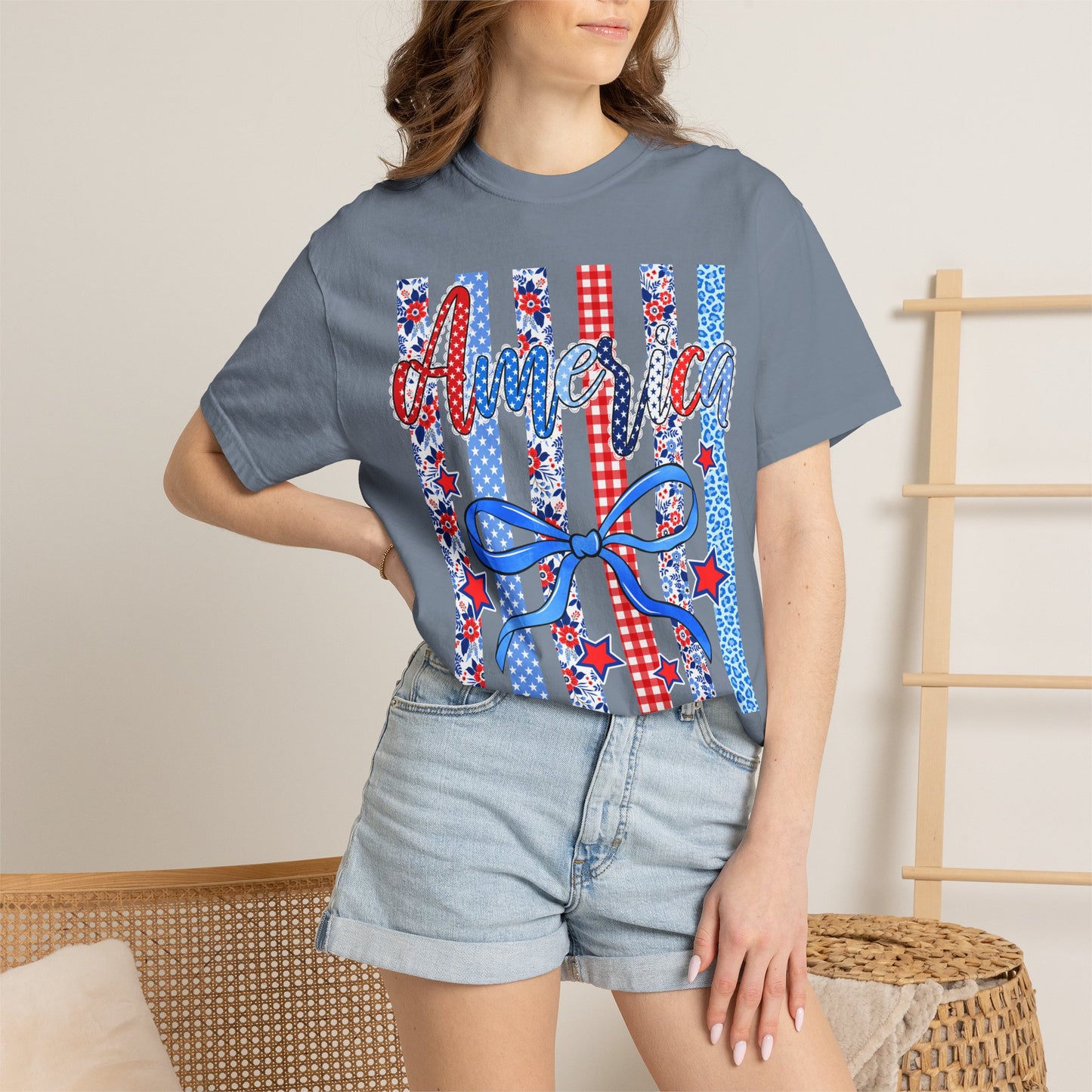 America Patriotic T-Shirt — Red White Blue Stripes & Bow Graphic