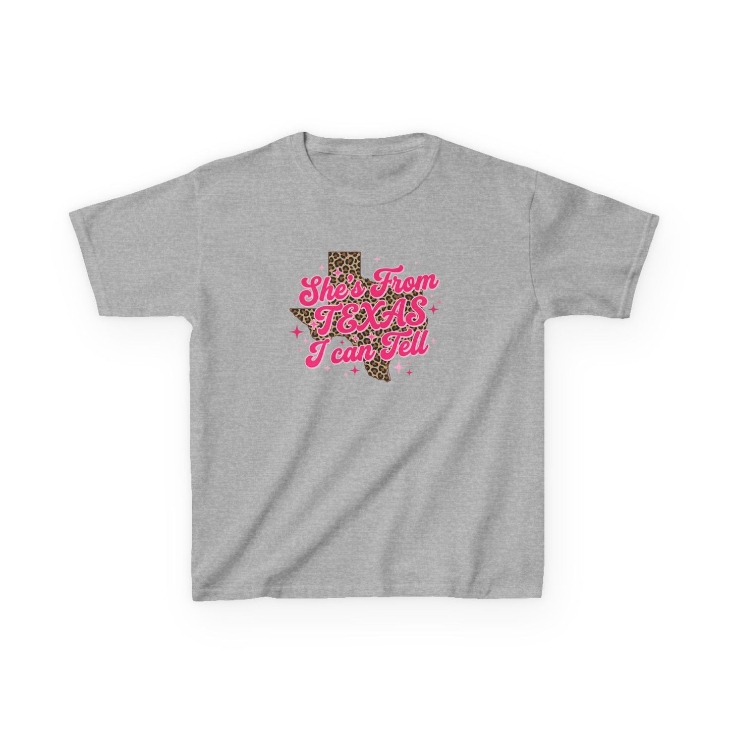 Kids Tee — "She's From Texas I Can Tell" Leopard