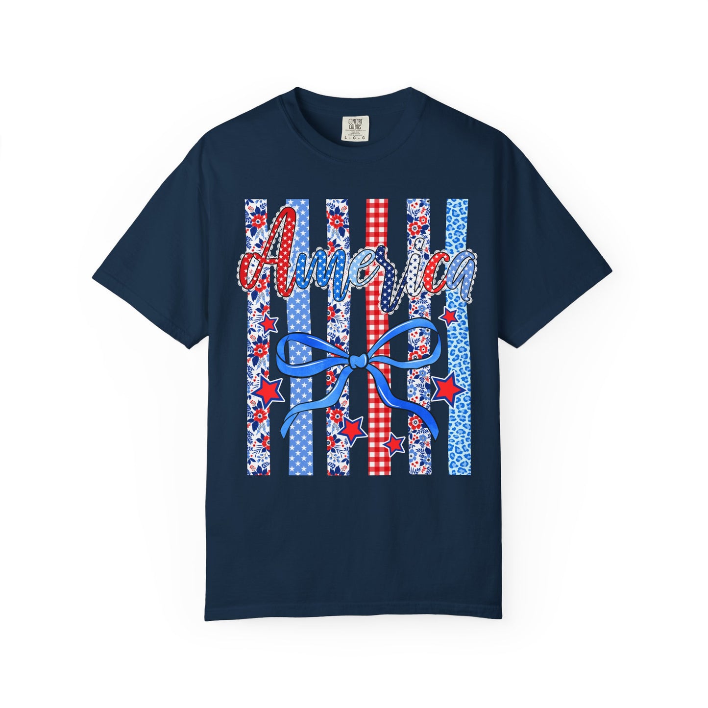 America Patriotic T-Shirt — Red White Blue Stripes & Bow Graphic