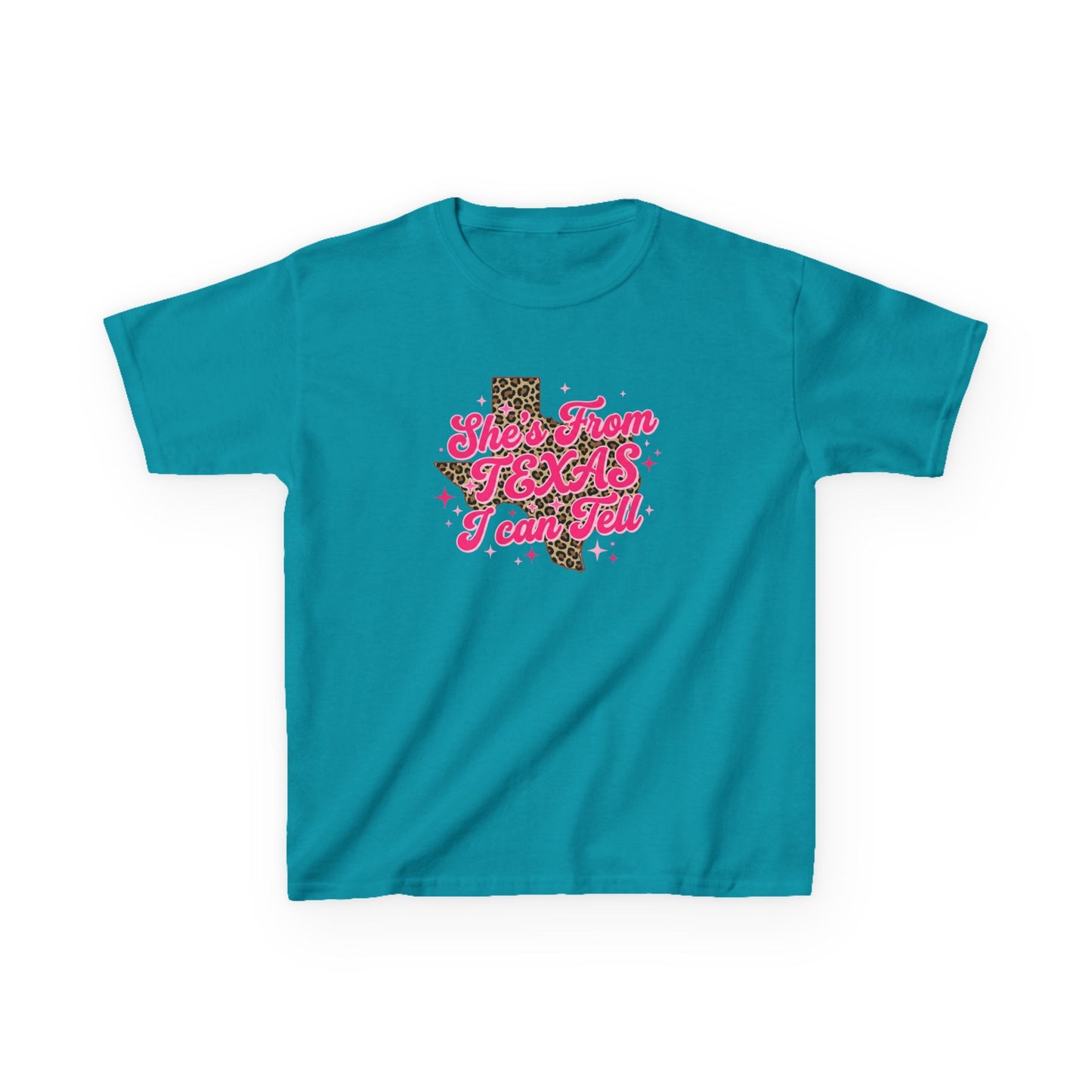 Kids Tee — "She's From Texas I Can Tell" Leopard