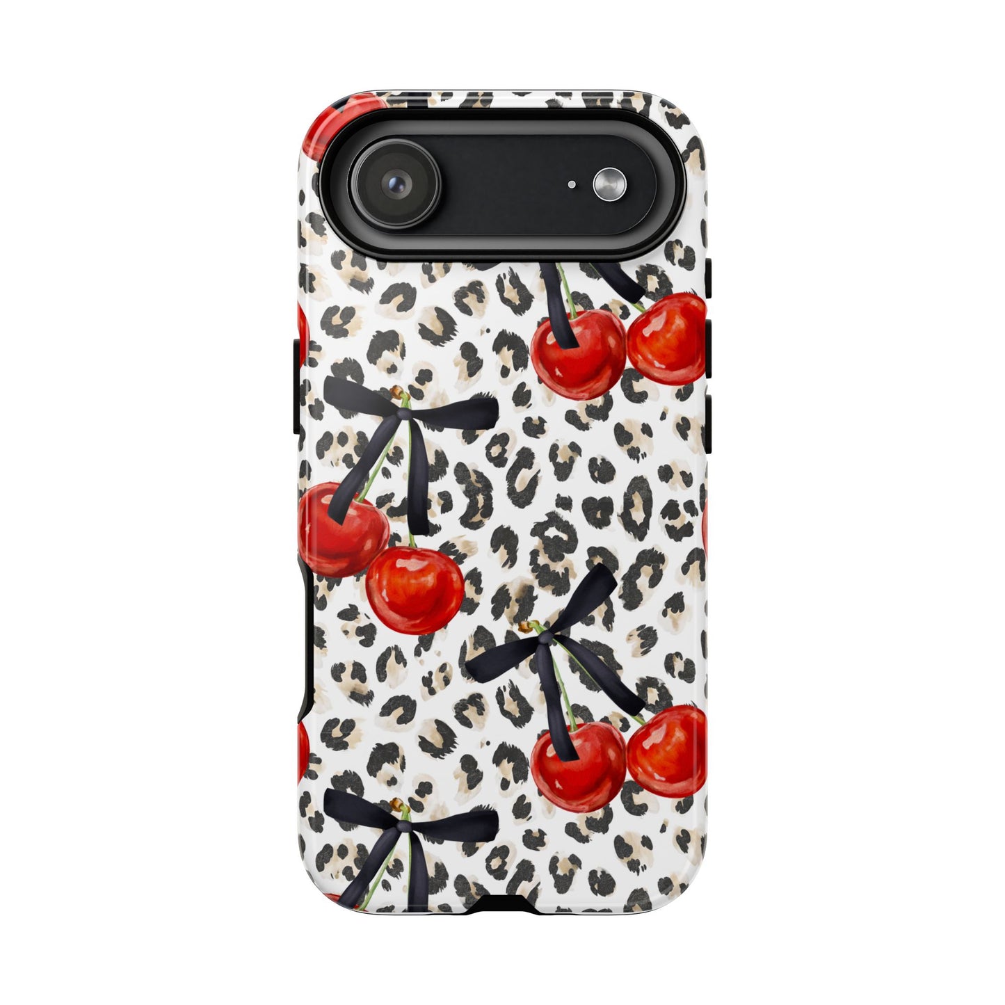 Cherry Leopard Phone Case — Retro Red Cherries on Animal Print Protective Case