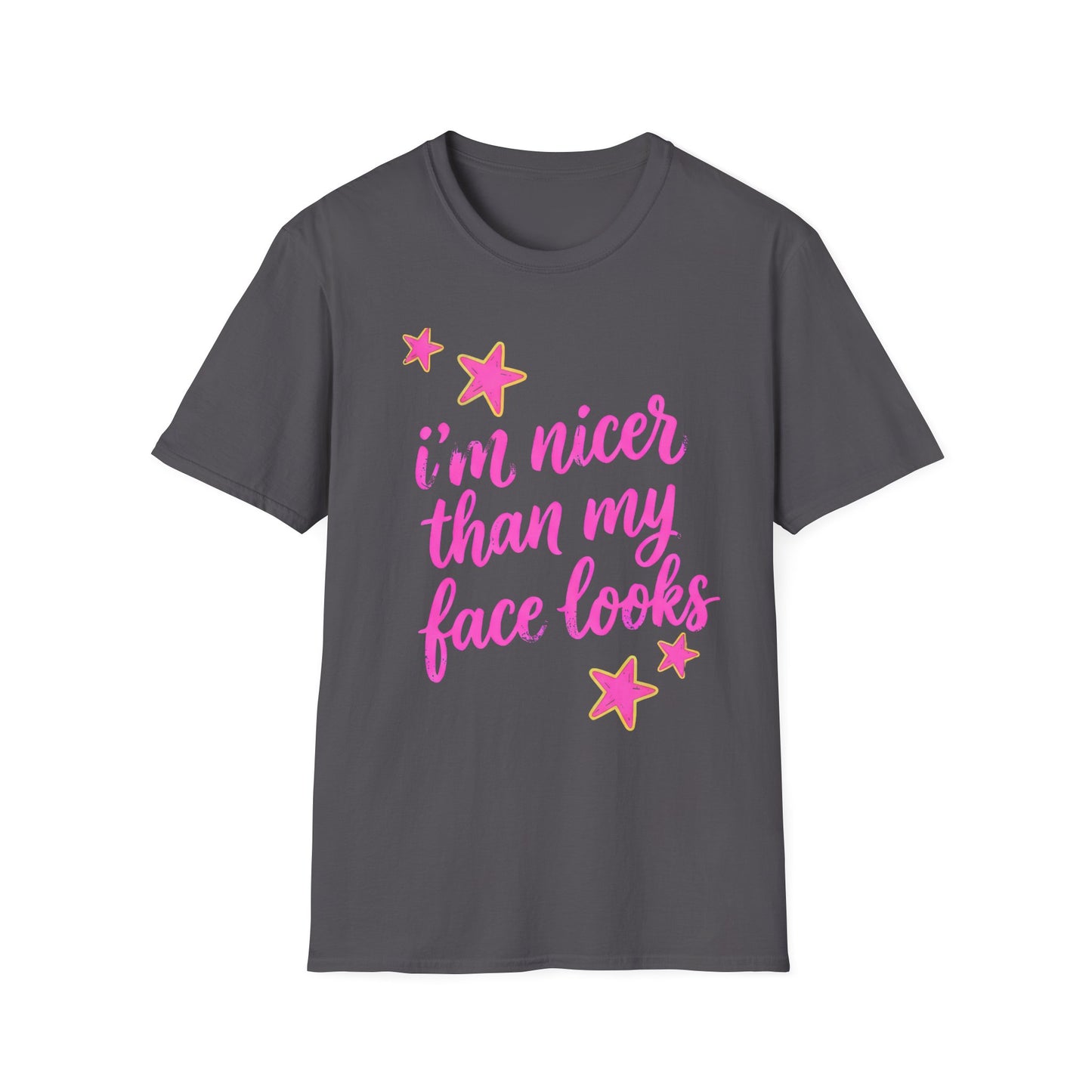 “I’m Nicer Than My Face Looks” Pink Script Graphic Tee