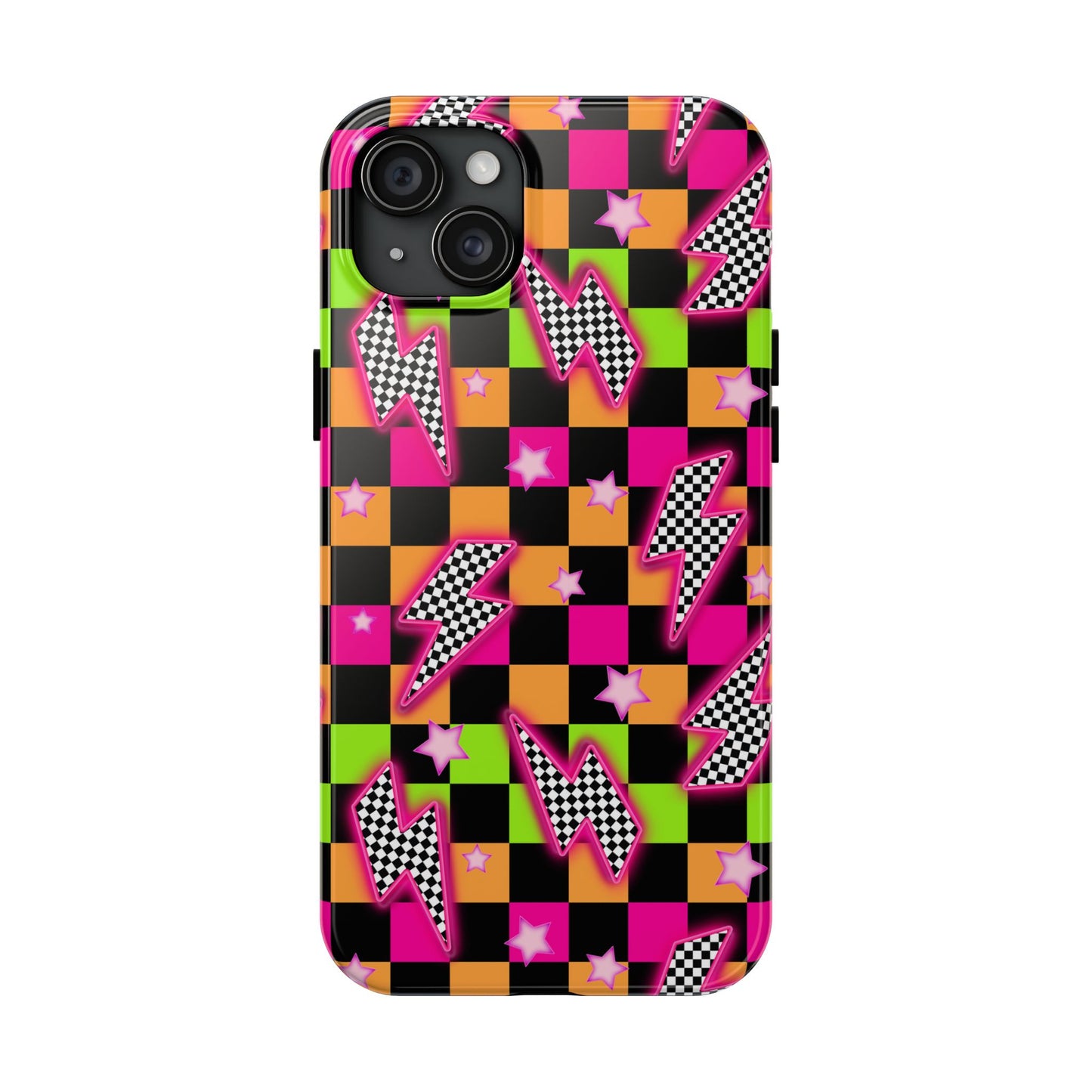 Neon Checkerboard Lightning Retro Pattern
