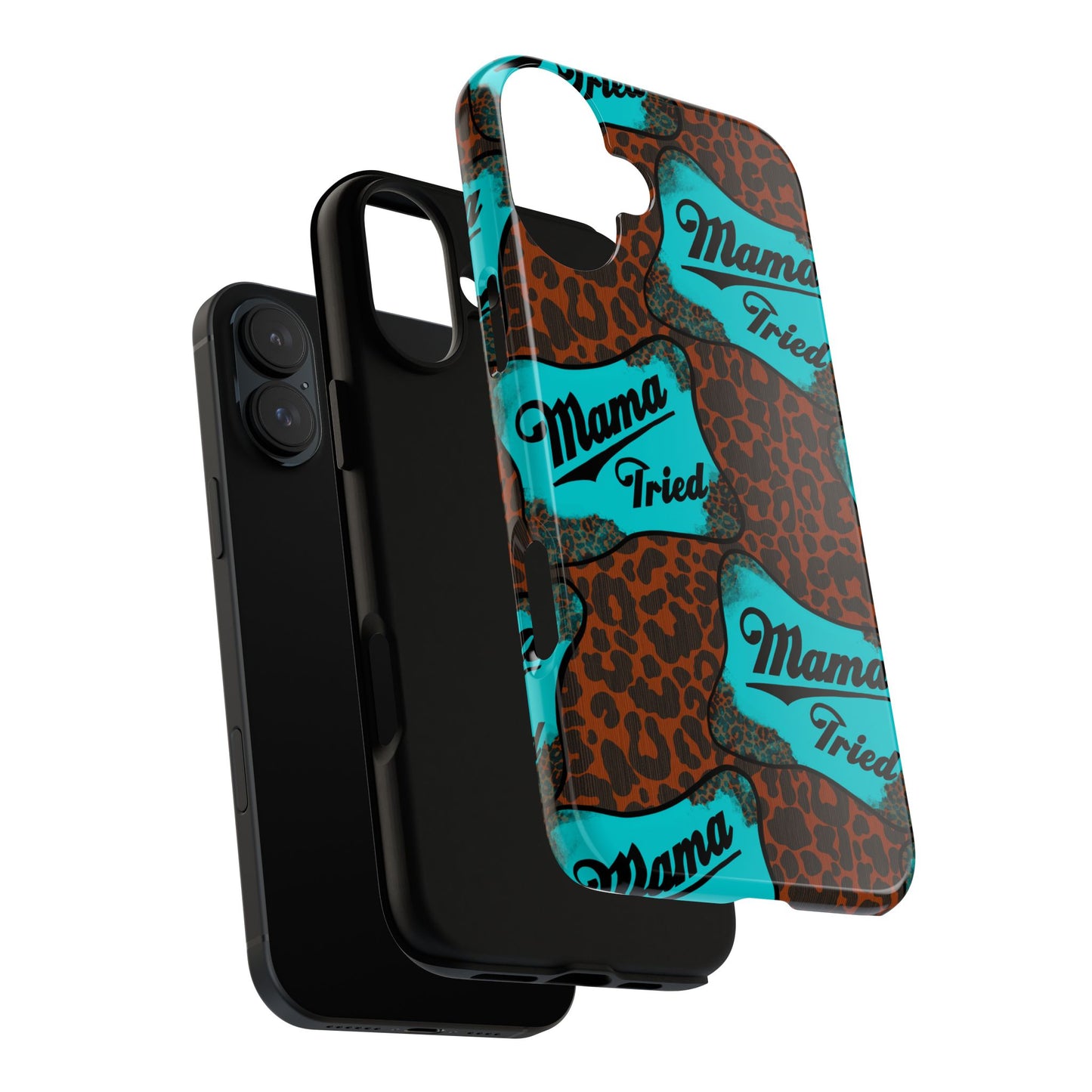 Mama Tried Leopard Print Phone Case — Turquoise Retro Patch Design