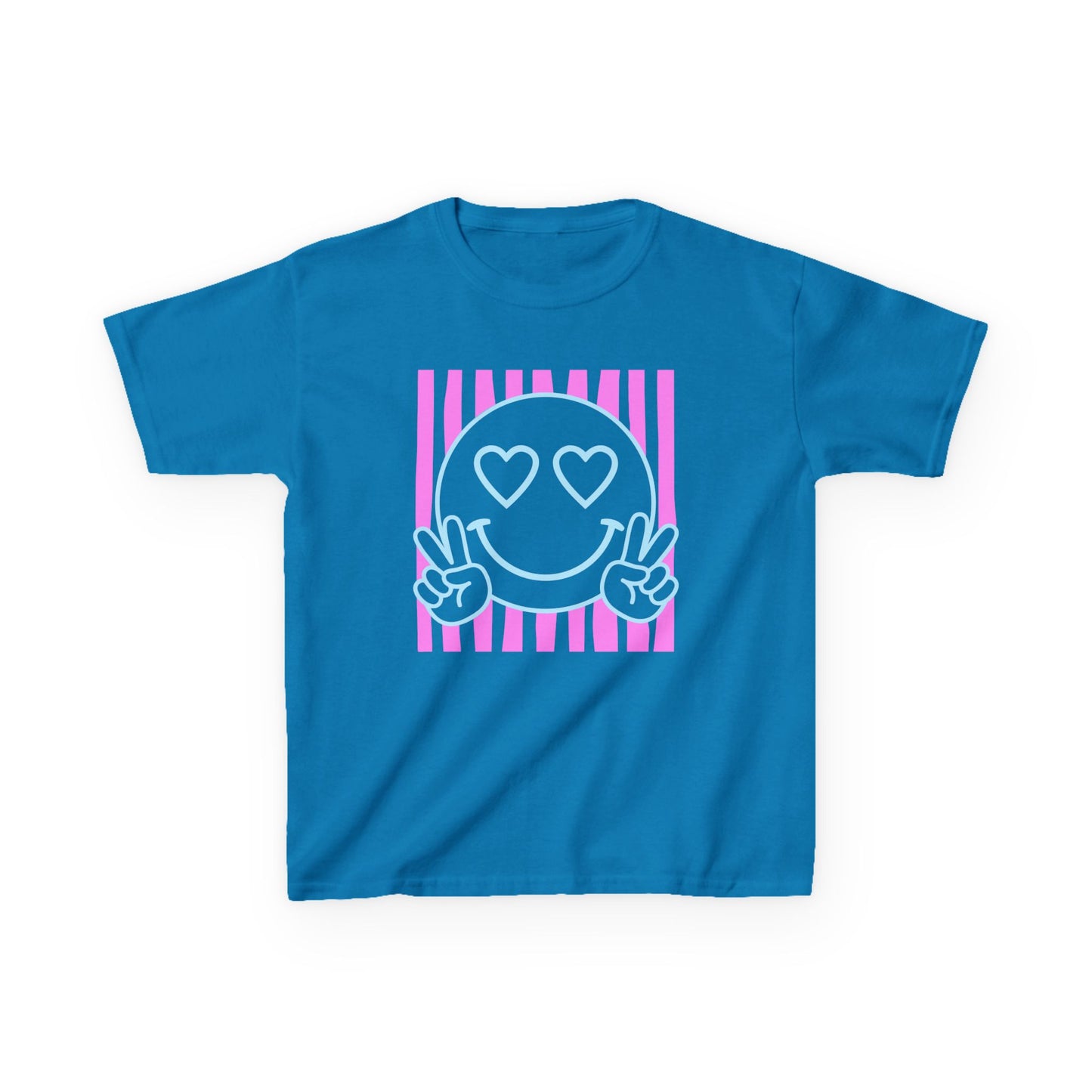 Kids T‑Shirt Heart Eyes Smiley with Peace Sign (Pink Stripes)