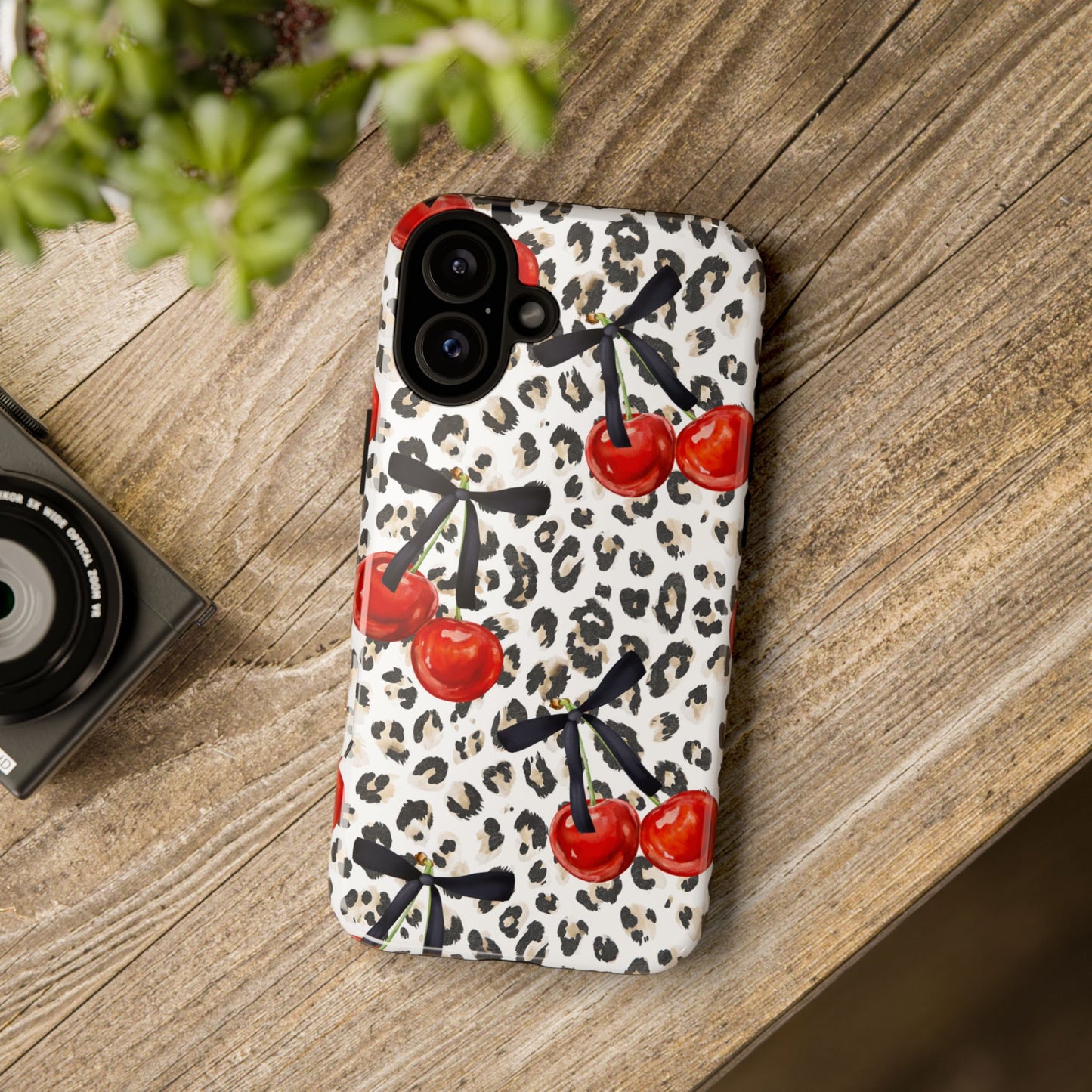 Cherry Leopard Phone Case — Retro Red Cherries on Animal Print Protective Case
