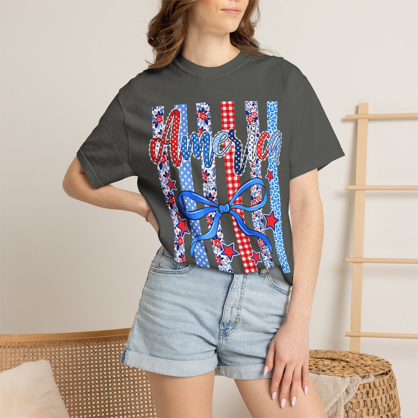 America Patriotic T-Shirt — Red White Blue Stripes & Bow Graphic