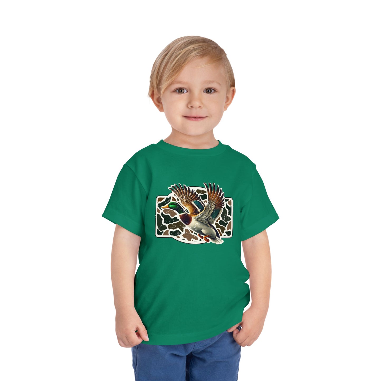 Toddler Tee — Flying Mallard Duck Graphic (Kids Hunting/Camo Outfit)