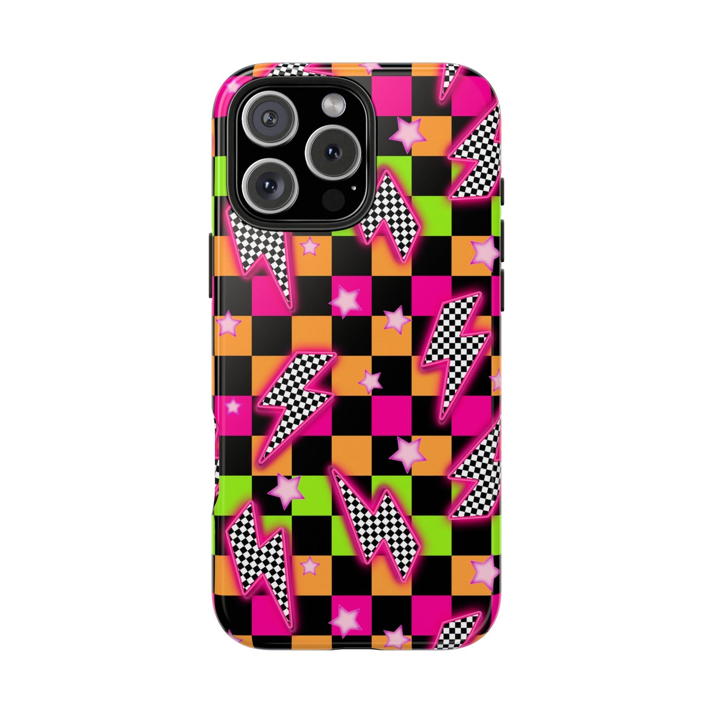 Neon Checkerboard Lightning Retro Pattern