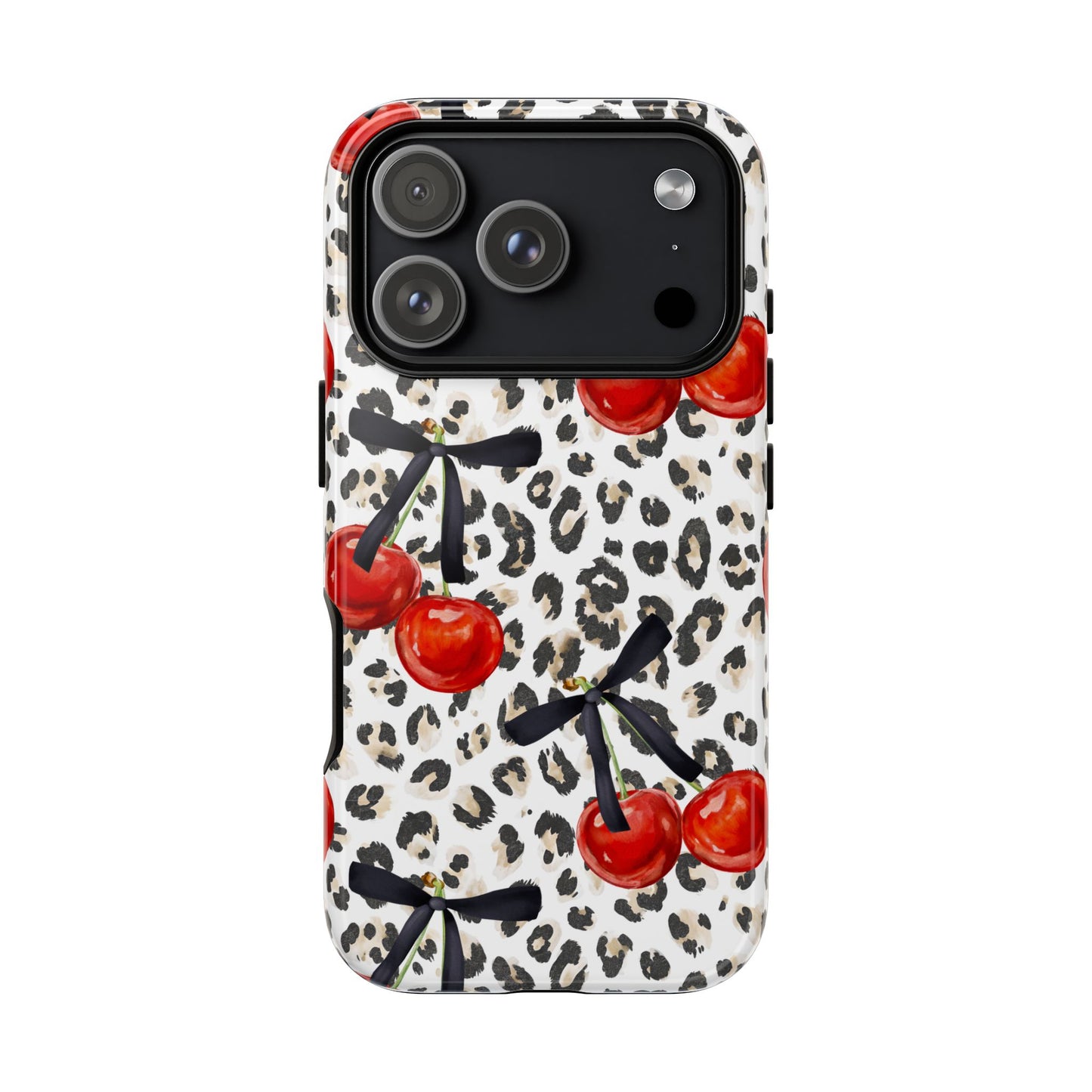 Cherry Leopard Phone Case — Retro Red Cherries on Animal Print Protective Case