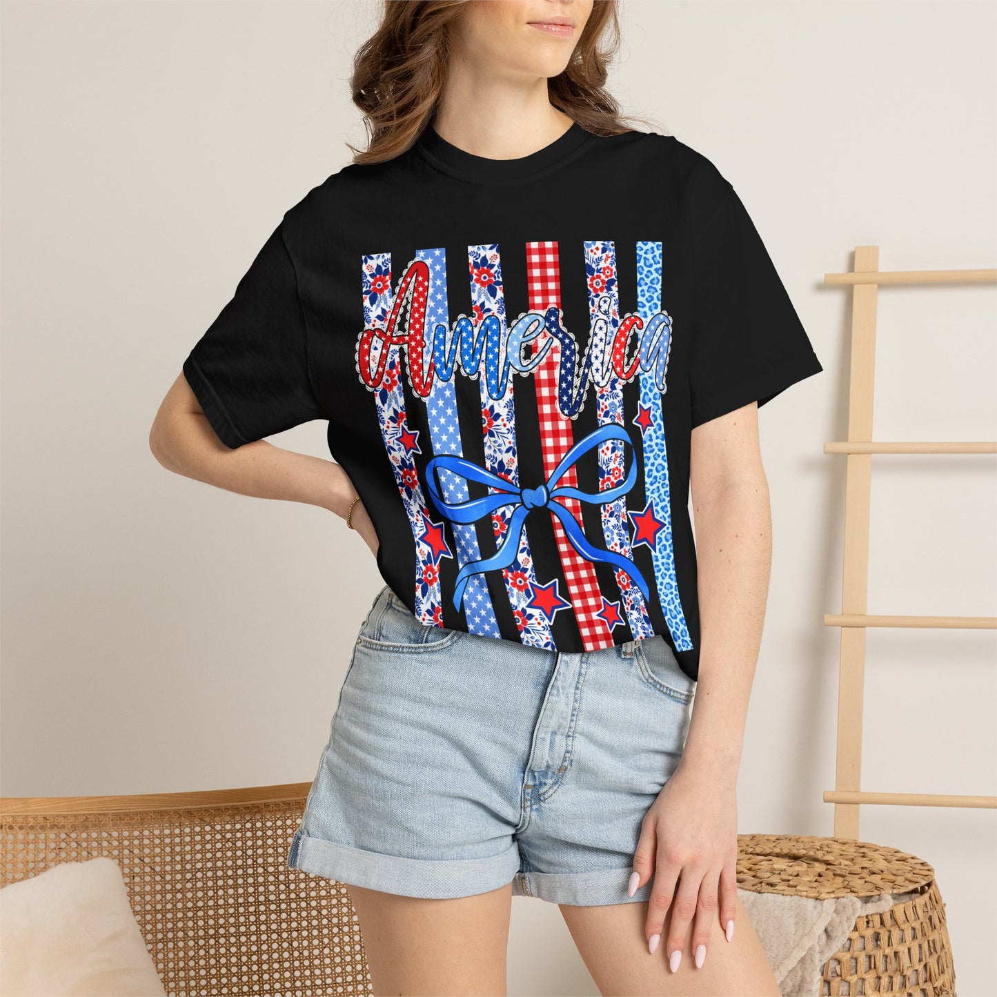 America Patriotic T-Shirt — Red White Blue Stripes & Bow Graphic