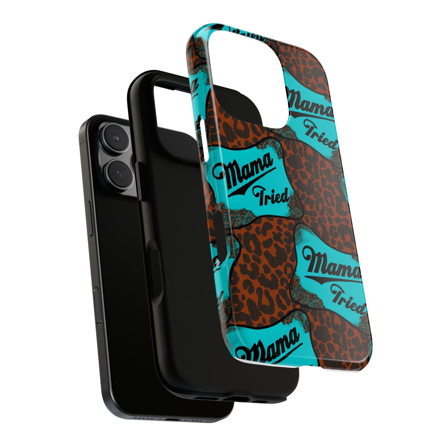 Mama Tried Leopard Print Phone Case — Turquoise Retro Patch Design