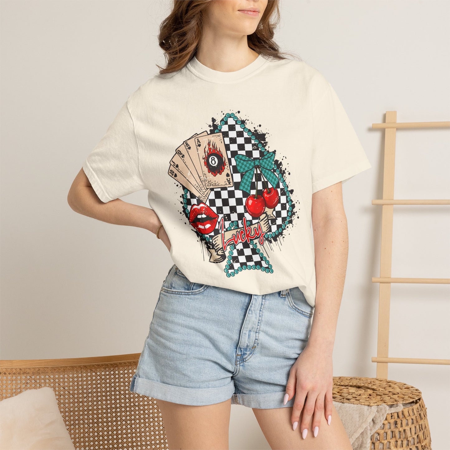 Retro Checkerboard Cherry & Cards Graphic Tee