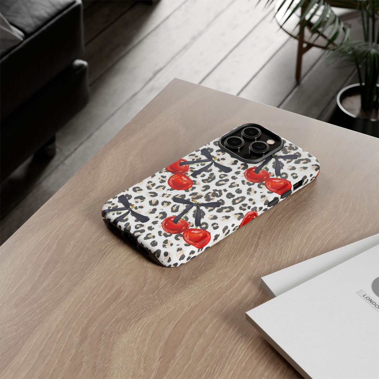 Cherry Leopard Phone Case — Retro Red Cherries on Animal Print Protective Case