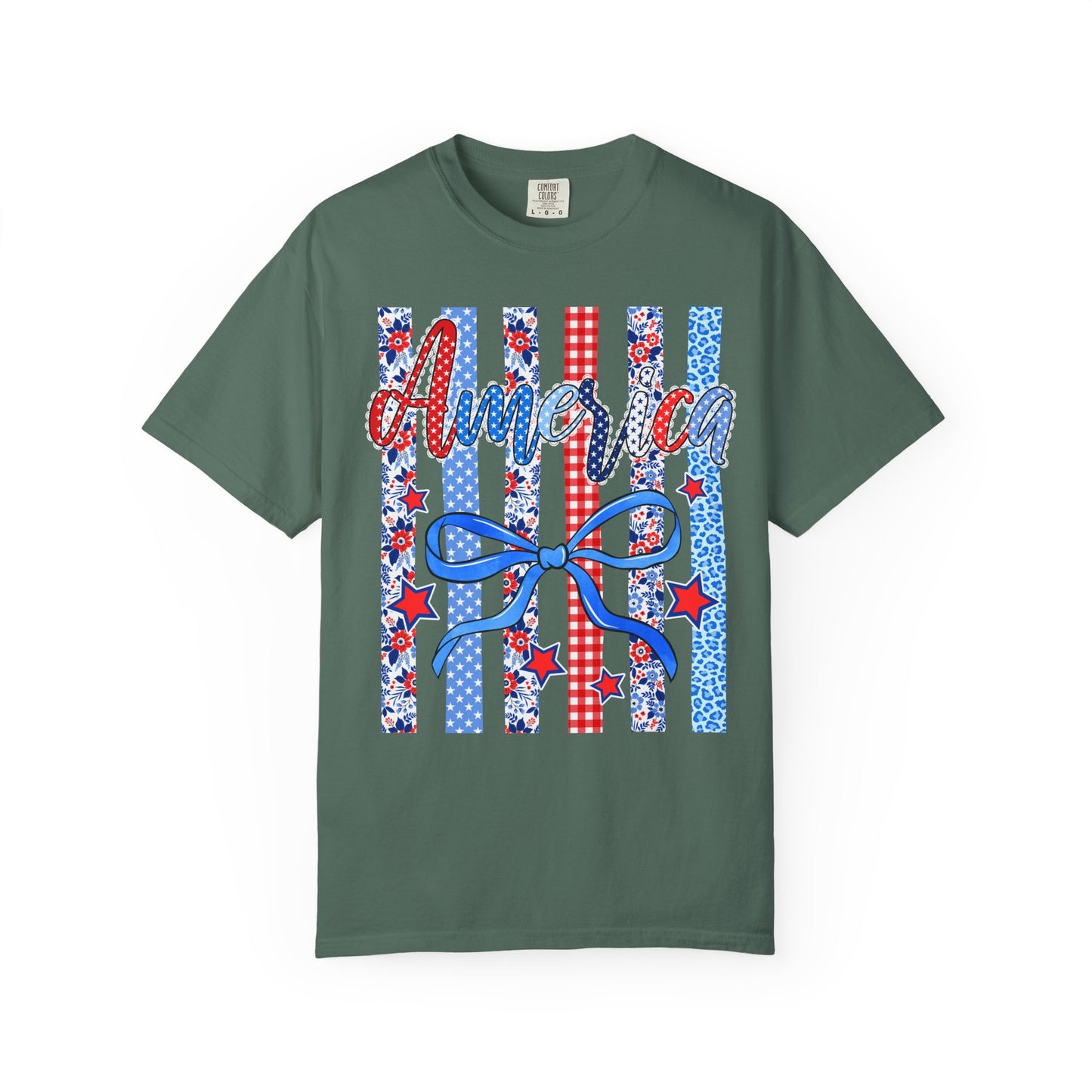 America Patriotic T-Shirt — Red White Blue Stripes & Bow Graphic