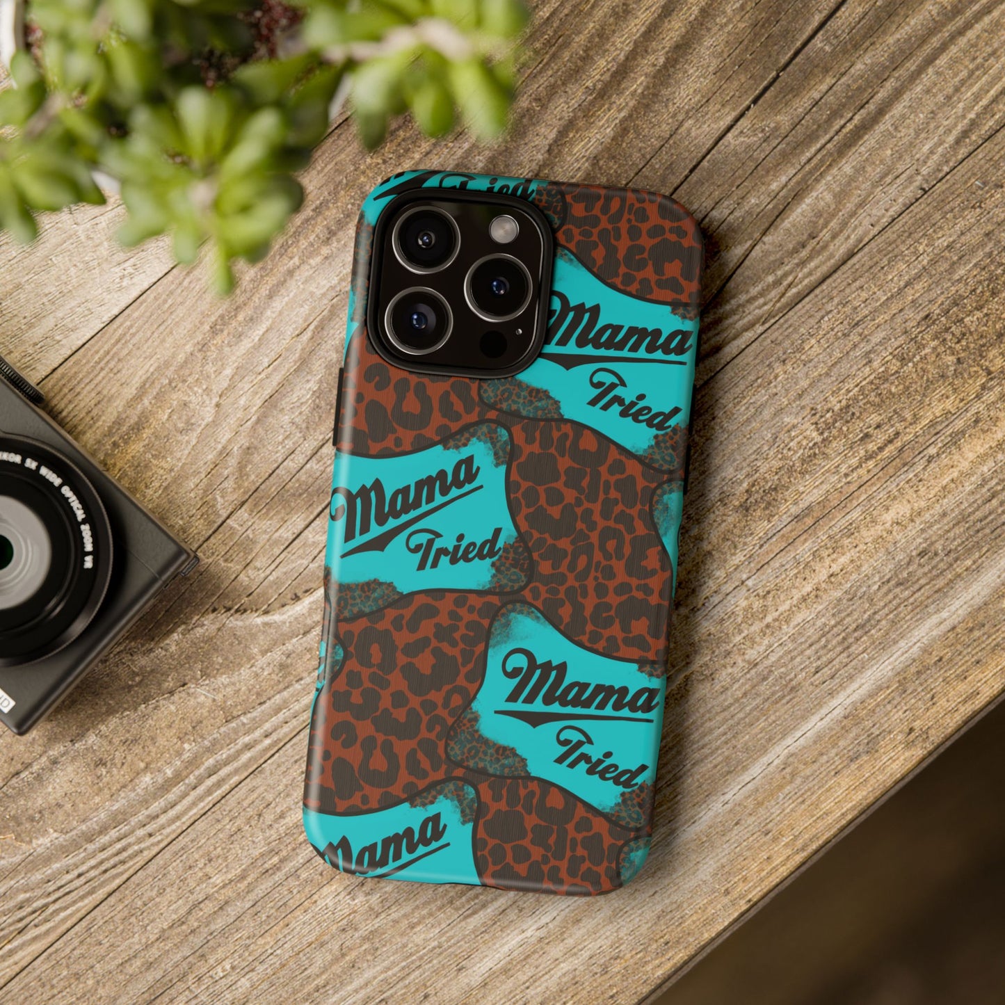 Mama Tried Leopard Print Phone Case — Turquoise Retro Patch Design