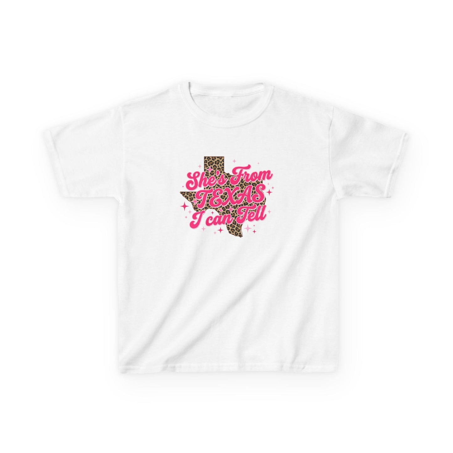 Kids Tee — "She's From Texas I Can Tell" Leopard