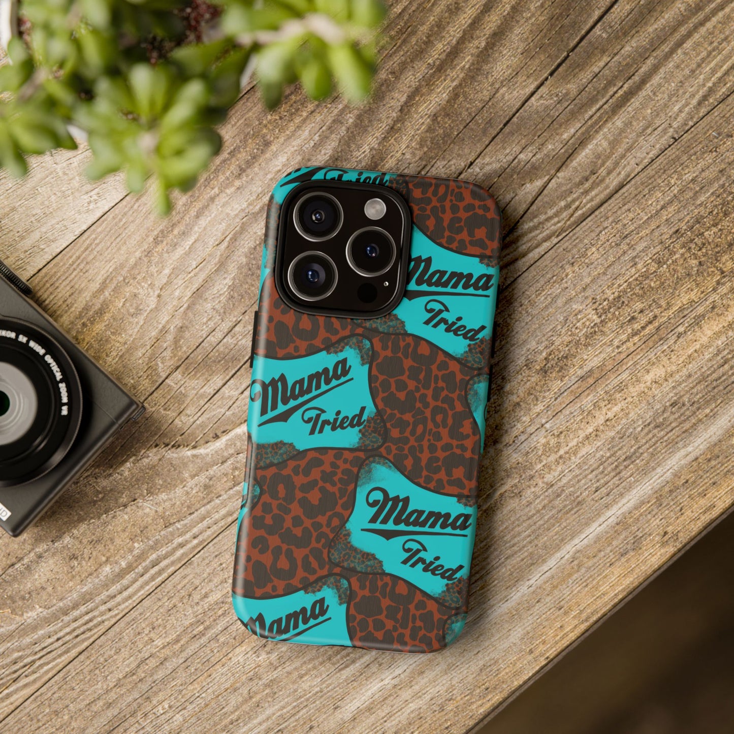 Mama Tried Leopard Print Phone Case — Turquoise Retro Patch Design