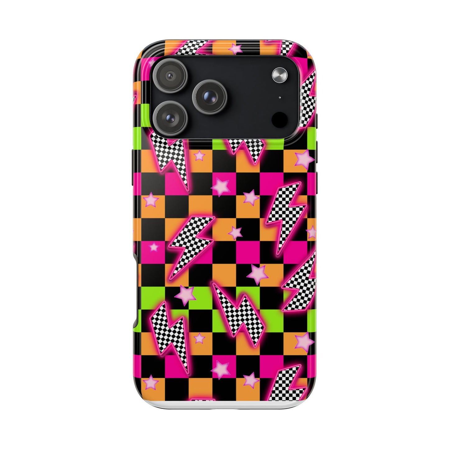 Neon Checkerboard Lightning Retro Pattern