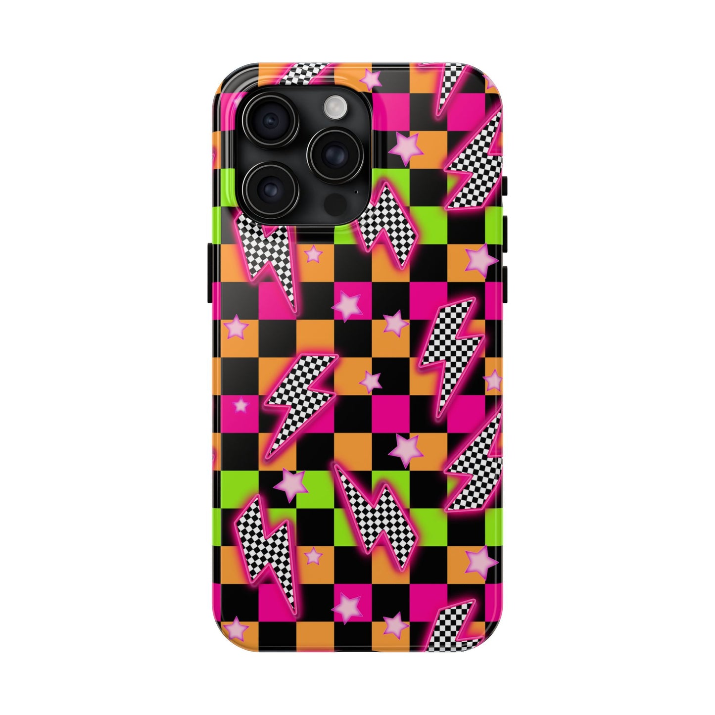 Neon Checkerboard Lightning Retro Pattern