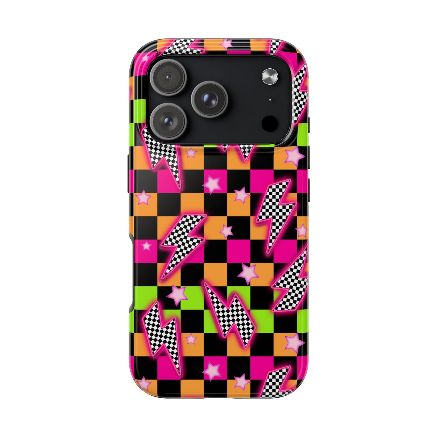 Neon Checkerboard Lightning Retro Pattern