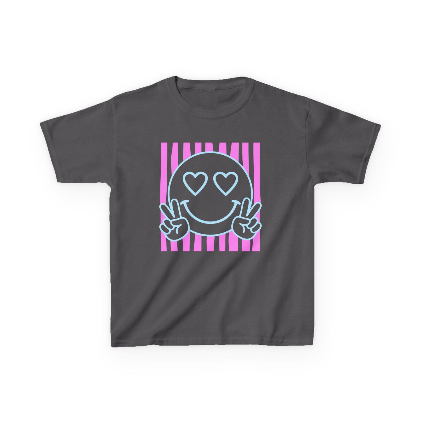 Kids T‑Shirt Heart Eyes Smiley with Peace Sign (Pink Stripes)