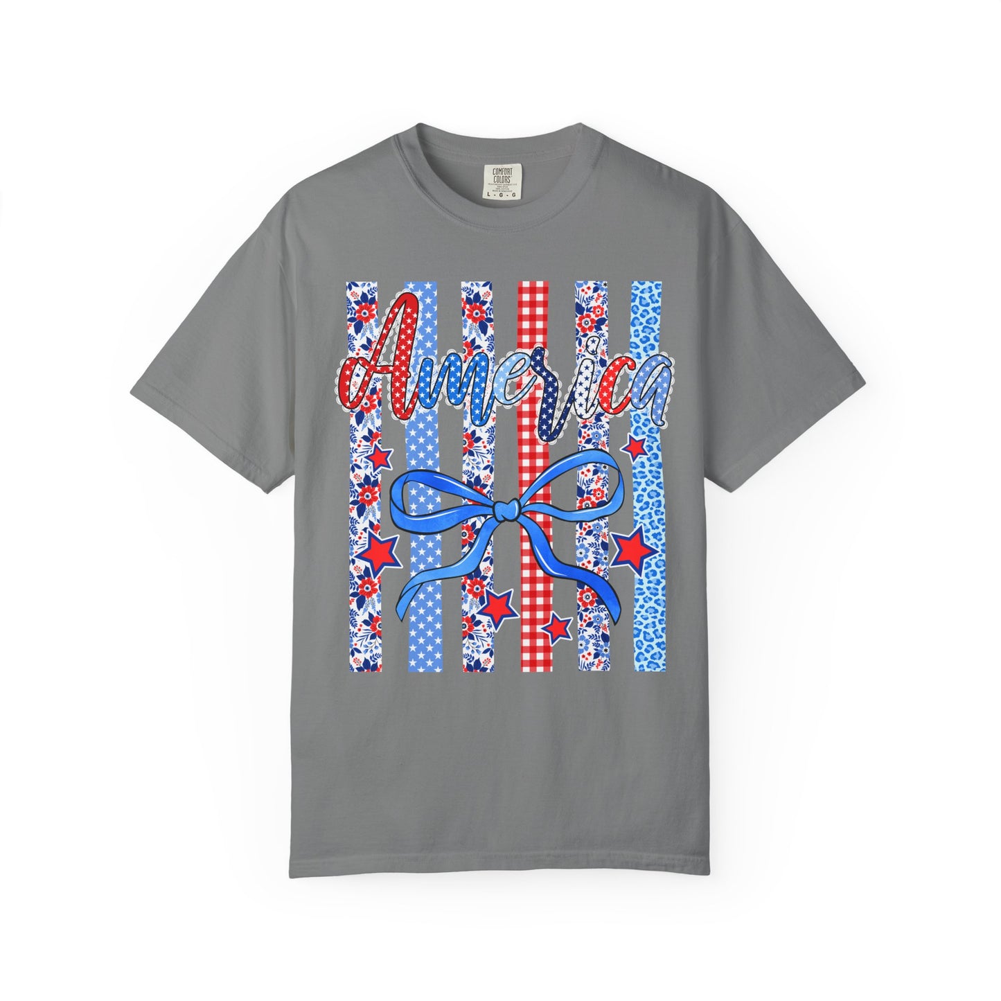 America Patriotic T-Shirt — Red White Blue Stripes & Bow Graphic