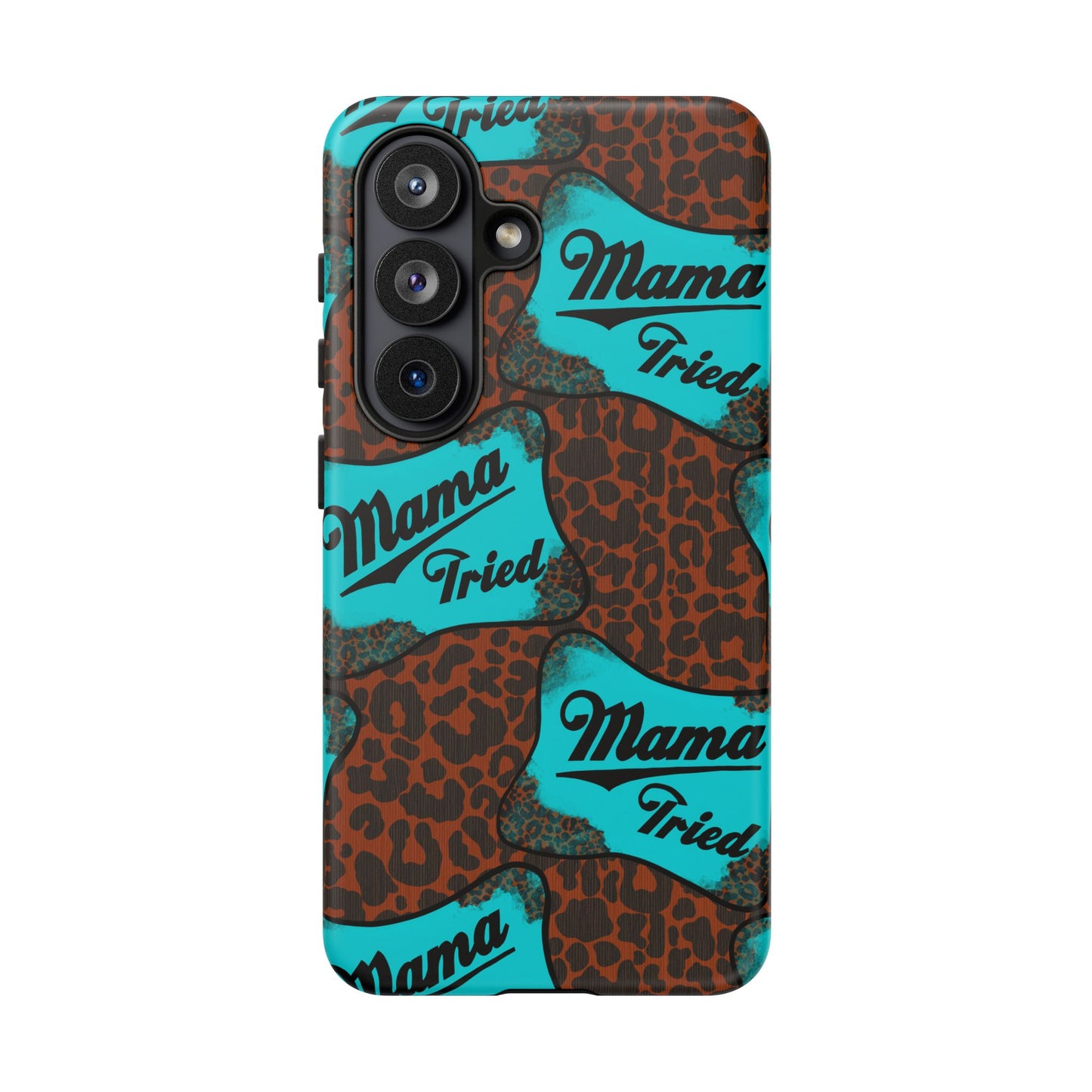 Mama Tried Leopard Print Phone Case — Turquoise Retro Patch Design
