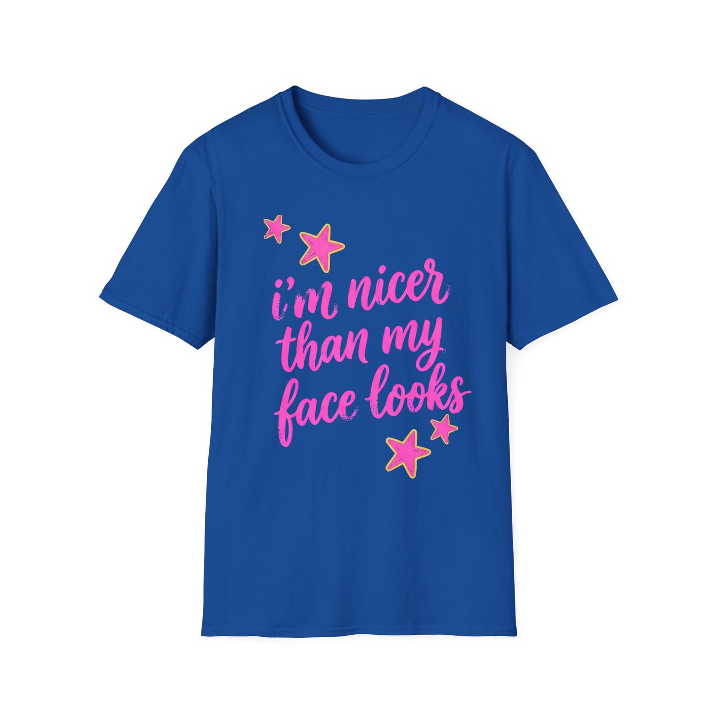 “I’m Nicer Than My Face Looks” Pink Script Graphic Tee