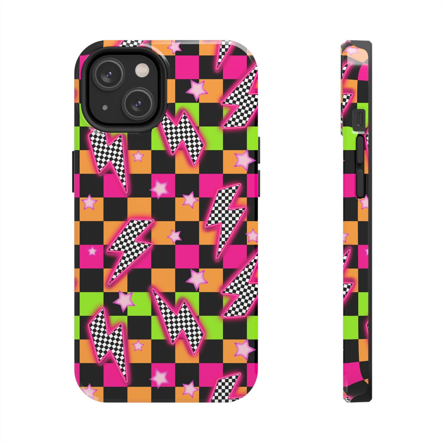 Neon Checkerboard Lightning Retro Pattern