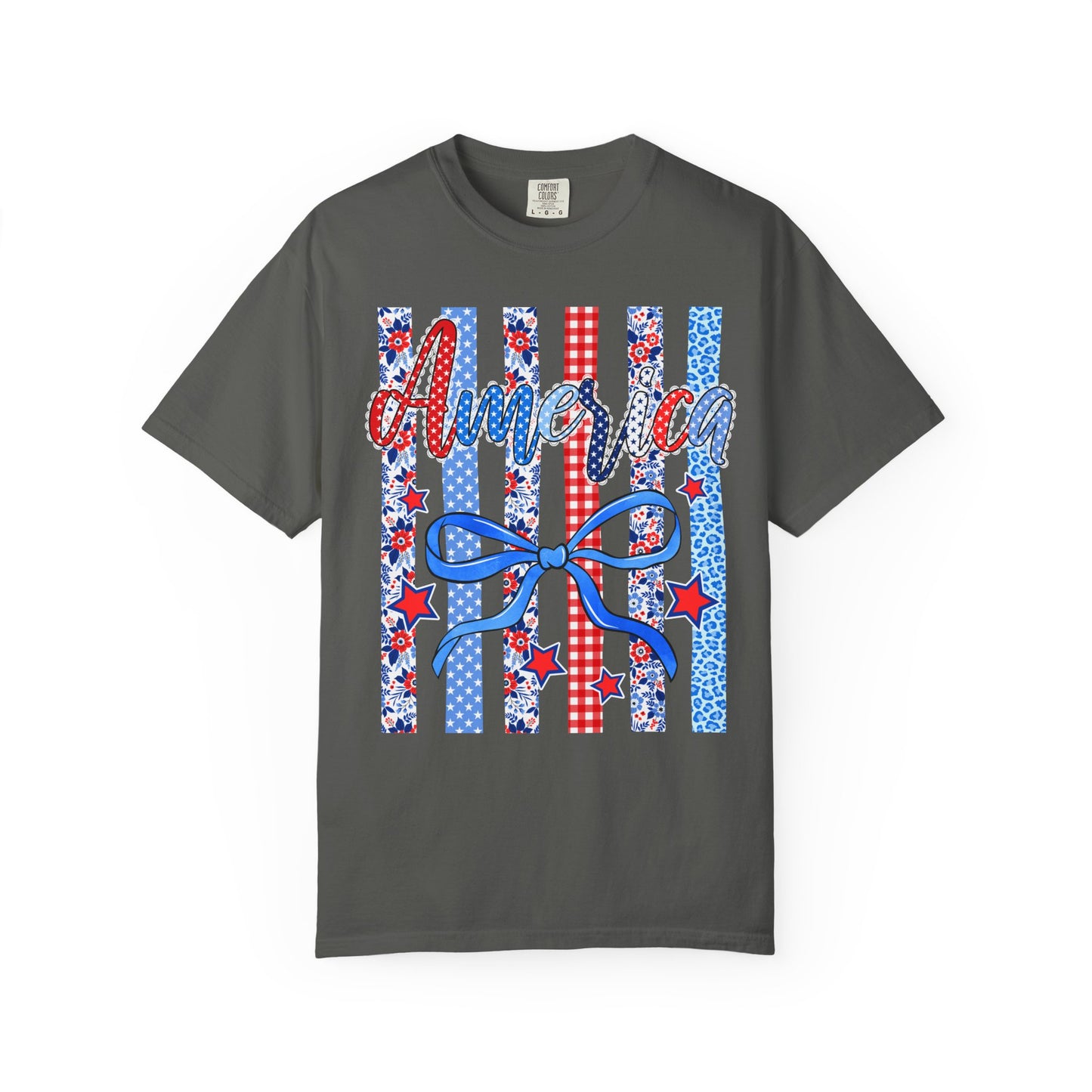 America Patriotic T-Shirt — Red White Blue Stripes & Bow Graphic